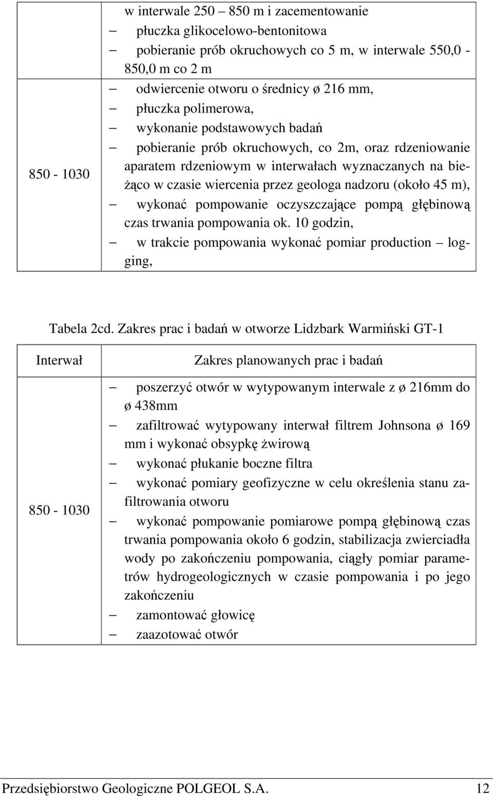 (około 45 m), wykonać pompowanie oczyszczające pompą głębinową czas trwania pompowania ok. 10 godzin, w trakcie pompowania wykonać pomiar production logging, Tabela 2cd.