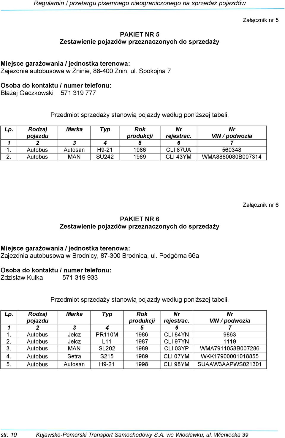 VIN / podwozia 1. Autobus Autosan H9-21 1986 CLI 87UA 560348 2.