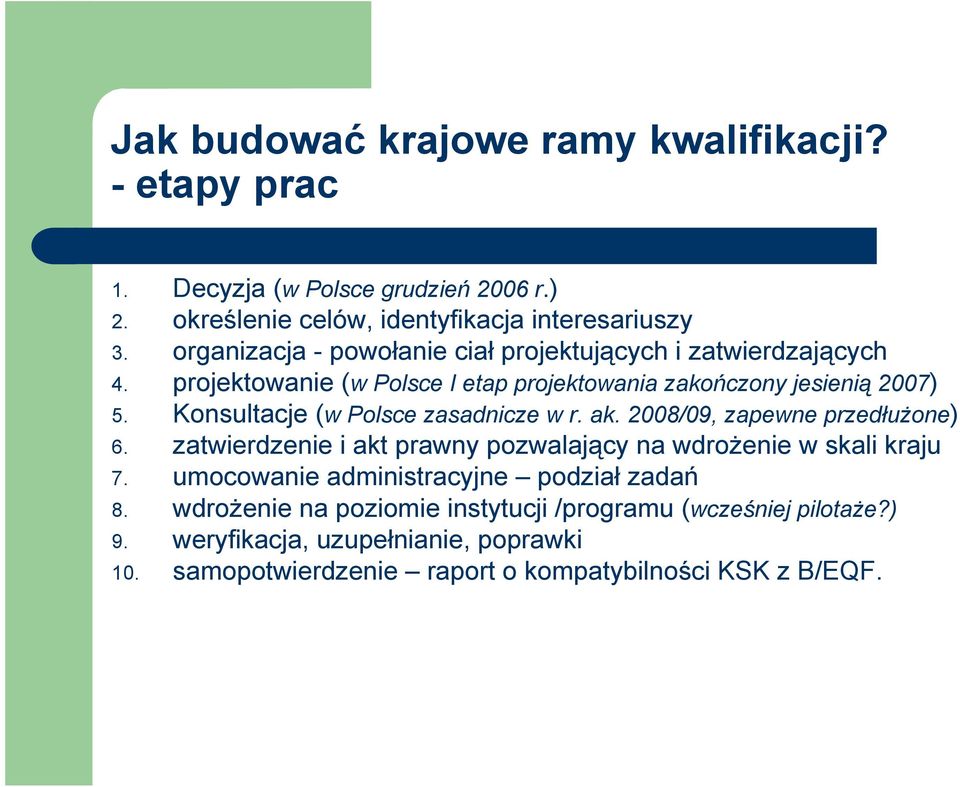 Konsultacje (w Polsce zasadnicze w r. ak. 2008/09, zapewne przedłużone) 6. zatwierdzenie i akt prawny pozwalający na wdrożenie w skali kraju 7.