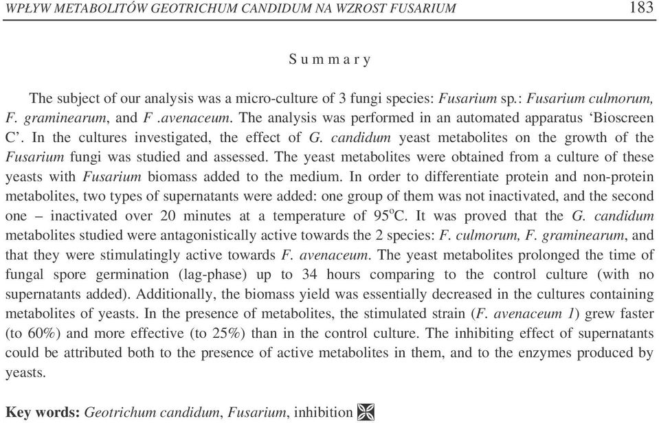 candidum yeast metabolites on the growth of the Fusarium fungi was studied and assessed. The yeast metabolites were obtained from a culture of these yeasts with Fusarium biomass added to the medium.