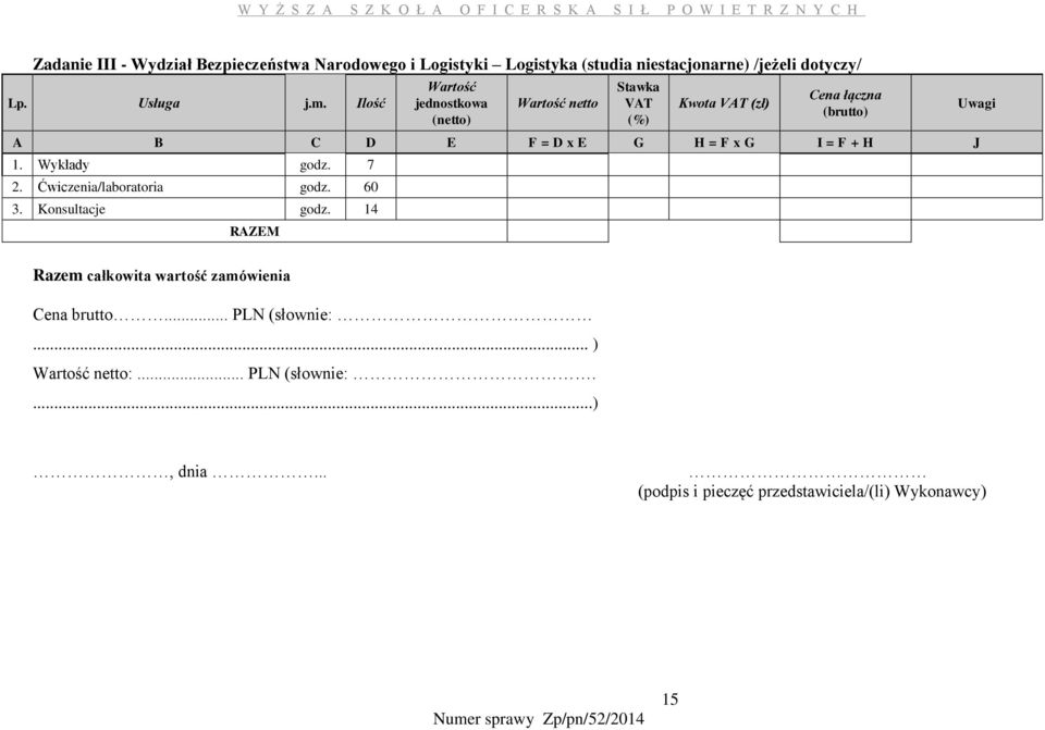 I = F + H J 1. Wykłady godz. 7 2. Ćwiczenia/laboratoria godz. 60 3. Konsultacje godz.