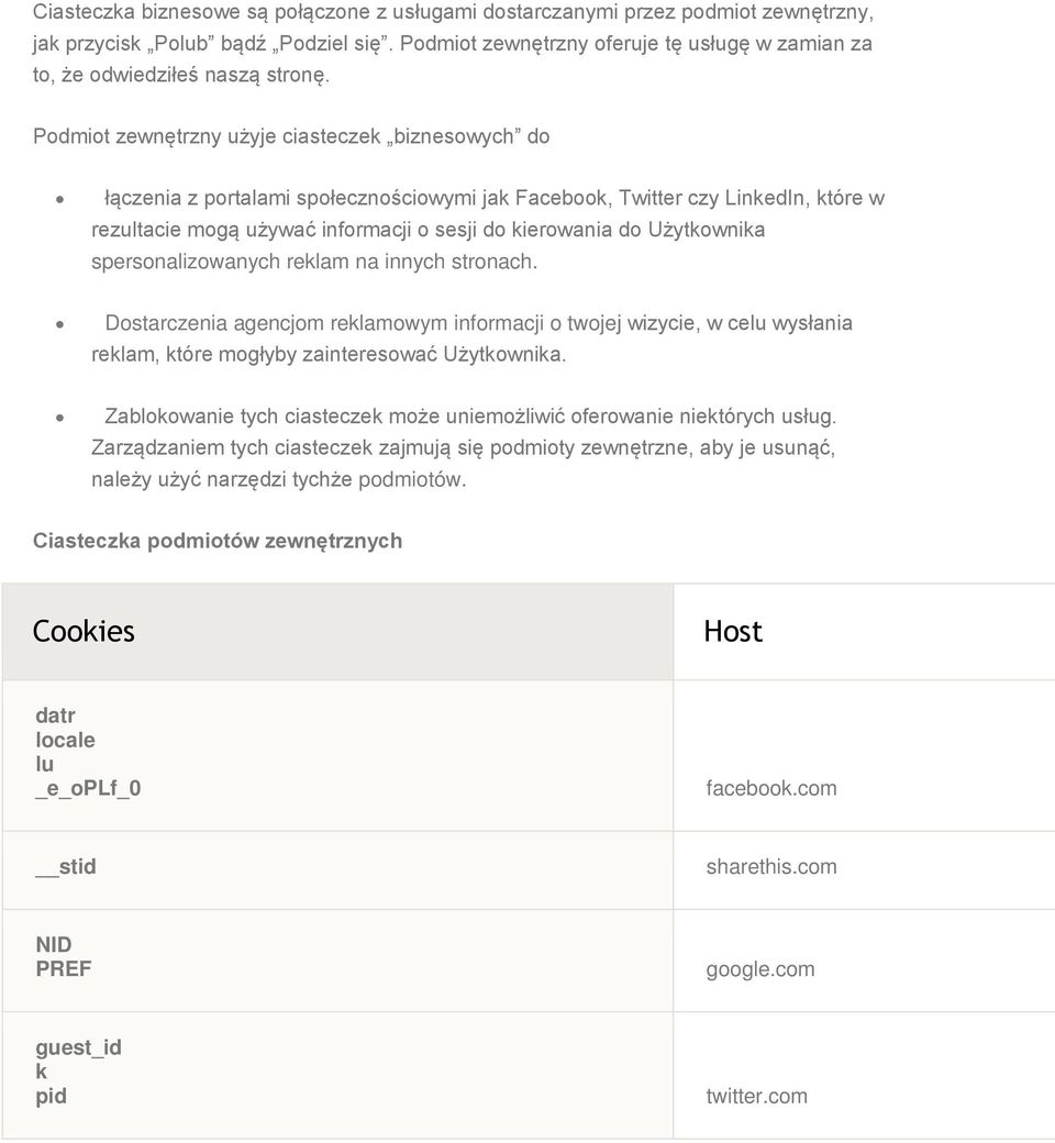 Podmiot zewnętrzny użyje ciasteczek biznesowych do łączenia z portalami społecznościowymi jak Facebook, Twitter czy LinkedIn, które w rezultacie mogą używać informacji o sesji do kierowania do
