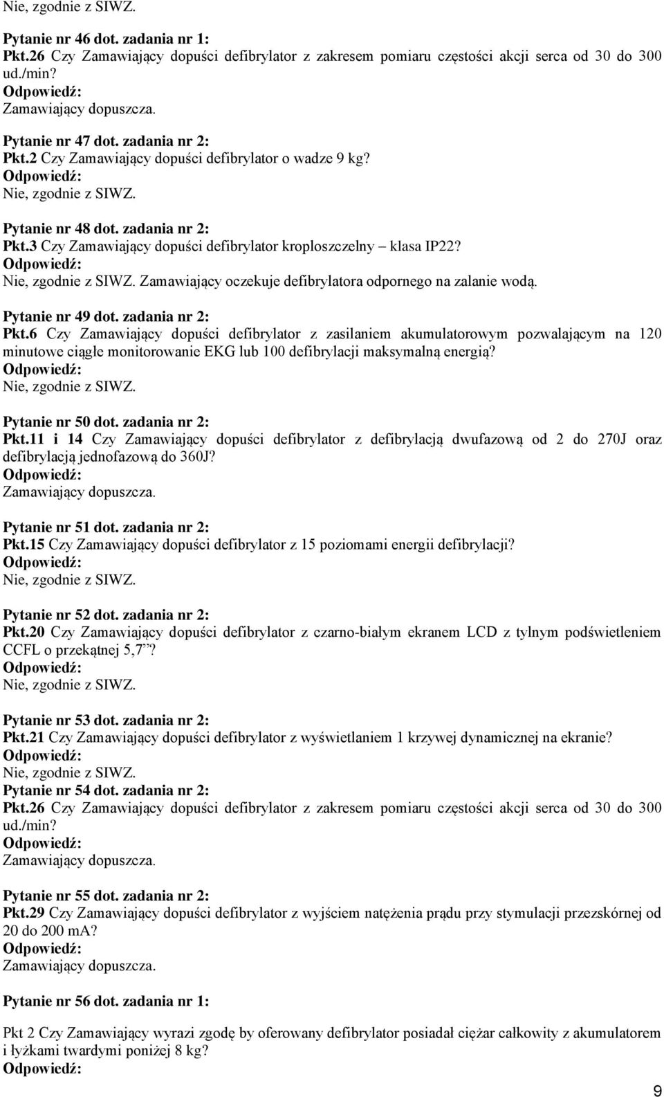Zamawiający oczekuje defibrylatora odpornego na zalanie wodą. Pytanie nr 49 dot. zadania nr 2: Pkt.