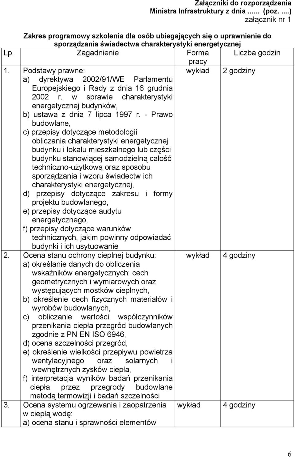 Podstawy prawne: wykład 2 godziny a) dyrektywa 2002/91/WE Parlamentu Europejskiego i Rady z dnia 16 grudnia 2002 r. w sprawie charakterystyki energetycznej budynków, b) ustawa z dnia 7 lipca 1997 r.