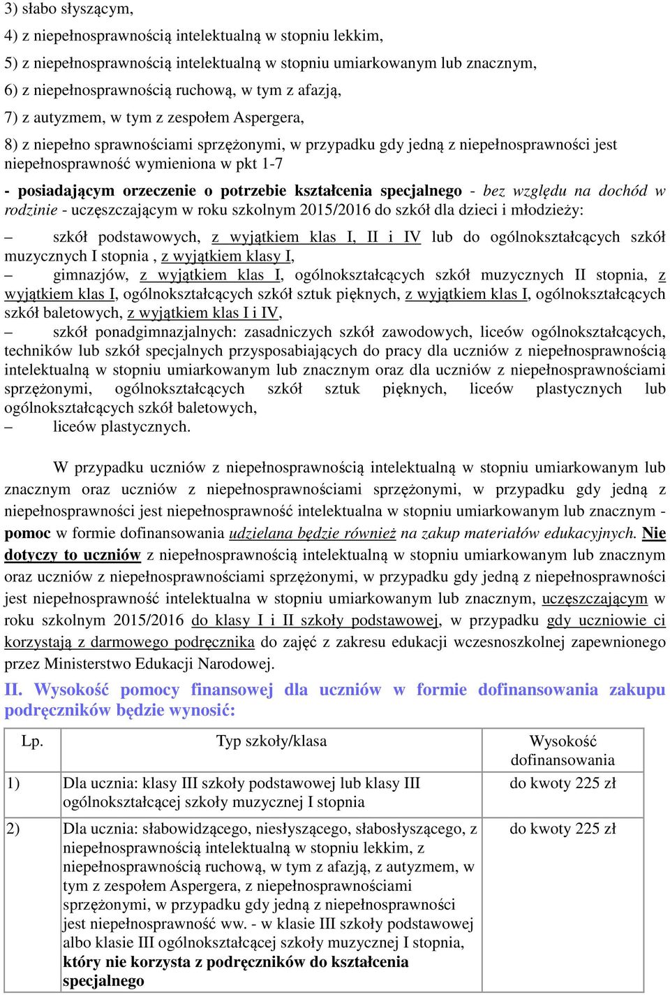 na dochód w rodzinie - uczęszczającym w roku szkolnym 2015/2016 do szkół dla dzieci i młodzieży: szkół podstawowych, z wyjątkiem klas I, II i IV lub do ogólnokształcących szkół muzycznych I stopnia,