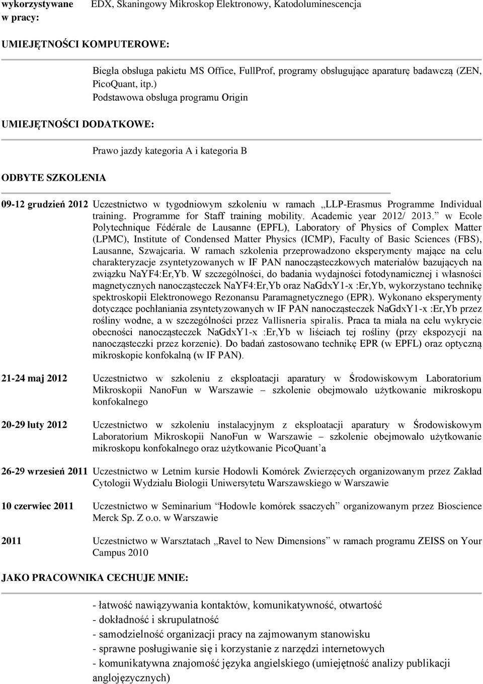 ) Podstawowa obsługa programu Origin Prawo jazdy kategoria A i kategoria B 09-12 grudzień 2012 Uczestnictwo w tygodniowym szkoleniu w ramach LLP-Erasmus Programme Individual training.