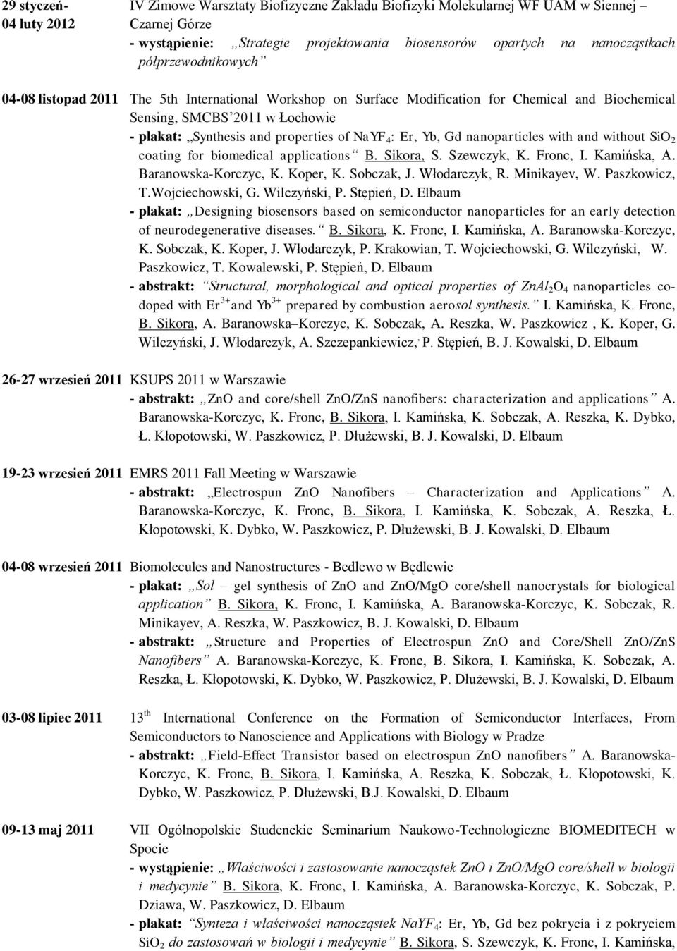 : Er, Yb, Gd nanoparticles with and without SiO 2 coating for biomedical applications B. Sikora, S. Szewczyk, K. Fronc, I. Kamińska, A. Baranowska-Korczyc, K. Koper, K. Sobczak, J. Włodarczyk, R.