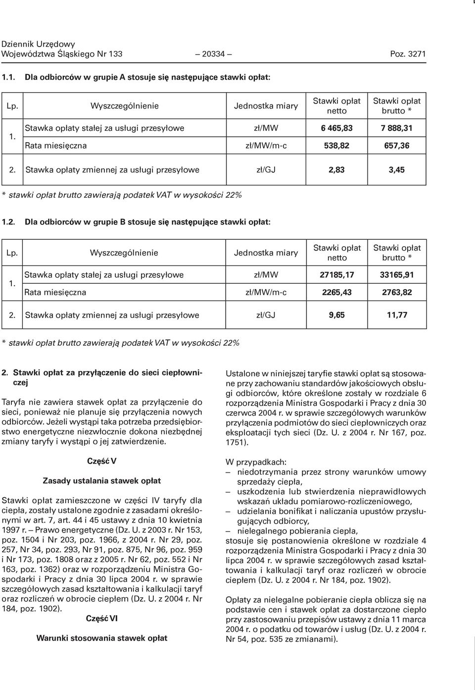 Stawka opłaty zmiennej za usługi przesyłowe zł/gj 2,83 3,45 * stawki opłat brutto zawierają podatek VAT w wysokości 22% 1.2. Dla odbiorców w grupie B stosuje się następujące stawki opłat: Lp.