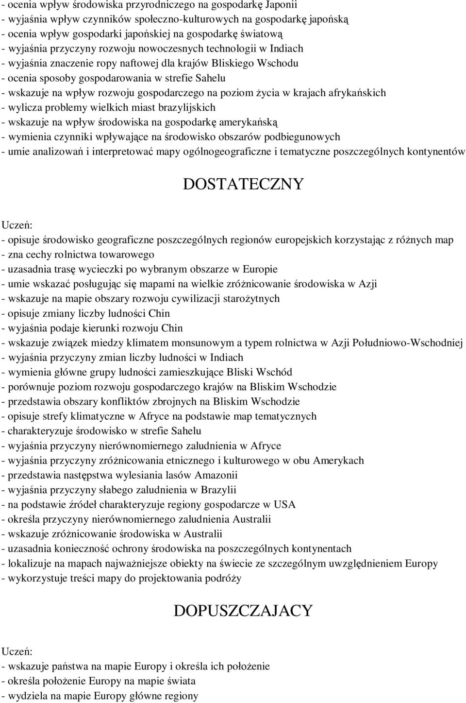 rozwoju gospodarczego na poziom życia w krajach afrykańskich - wylicza problemy wielkich miast brazylijskich - wskazuje na wpływ środowiska na gospodarkę amerykańską - wymienia czynniki wpływające na