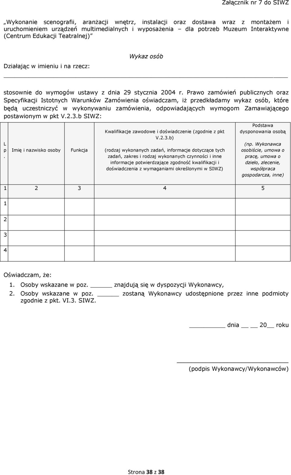 Prawo zamówień publicznych oraz Specyfikacji Istotnych Warunków Zamówienia oświadczam, iż przedkładamy wykaz osób, które będą uczestniczyć w wykonywaniu zamówienia, odpowiadających wymogom