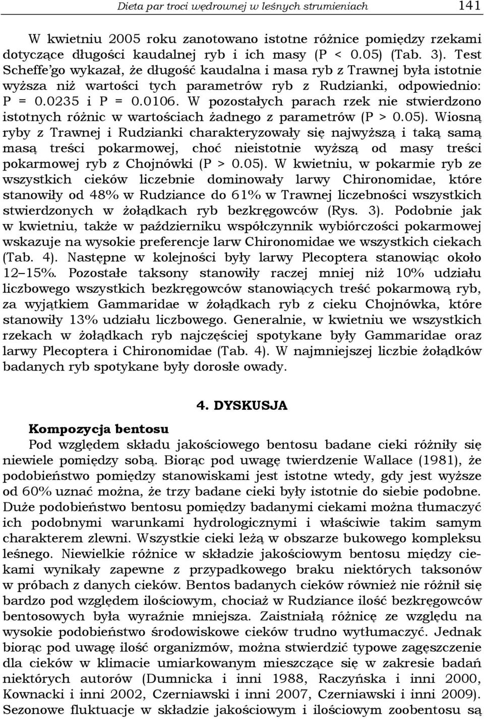 W pozostałych parach rzek nie stwierdzono istotnych róŝnic w wartościach Ŝadnego z parametrów (P > 0.05).