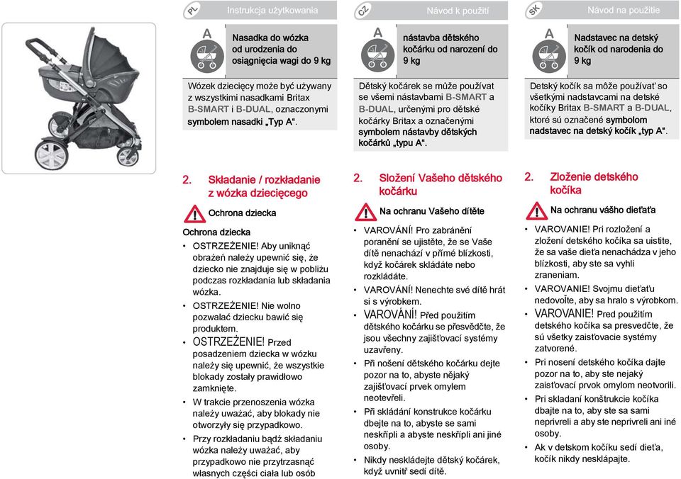 Dětský kočárek se může používat se všemi nástavbami B-SMART a B-DUAL, určenými pro dětské kočárky Britax a označenými symbolem nástavby dětských kočárků typu A.
