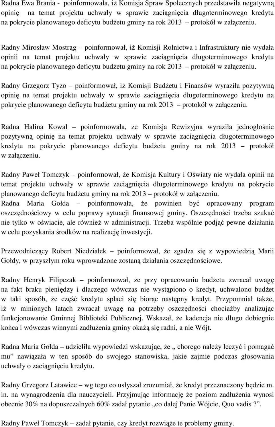 Radny Mirosław Mostrąg poinformował, iŝ Komisji Rolnictwa i Infrastruktury nie wydała opinii na temat projektu uchwały w sprawie zaciągnięcia długoterminowego kredytu na pokrycie planowanego deficytu