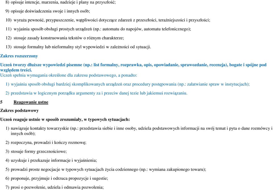 : automatu do napojów, automatu telefonicznego); 12) stosuje zasady konstruowania tekstów o różnym charakterze; 13) stosuje formalny lub nieformalny styl wypowiedzi w zależności od sytuacji.