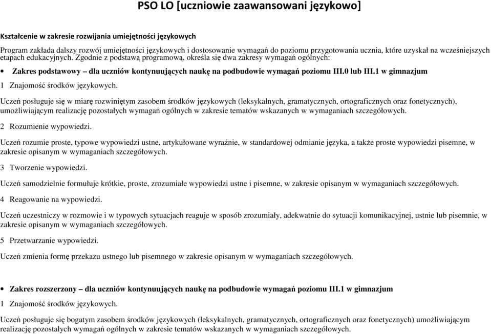 Zgodnie z podstawą programową, określa się dwa zakresy wymagań ogólnych: Zakres podstawowy dla uczniów kontynuujących naukę na podbudowie wymagań poziomu III.0 lub III.