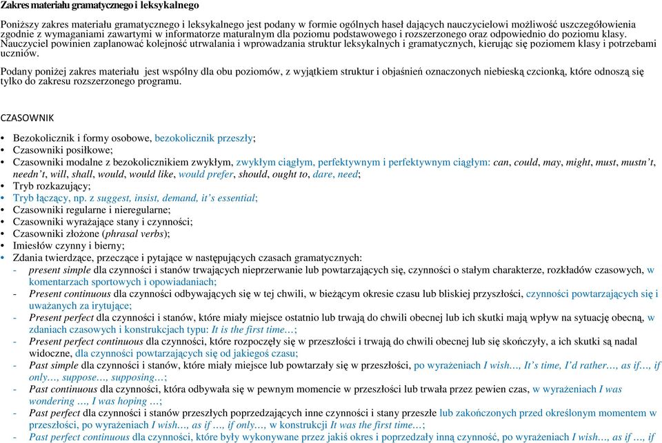 Nauczyciel powinien zaplanować kolejność utrwalania i wprowadzania struktur leksykalnych i gramatycznych, kierując się poziomem klasy i potrzebami uczniów.