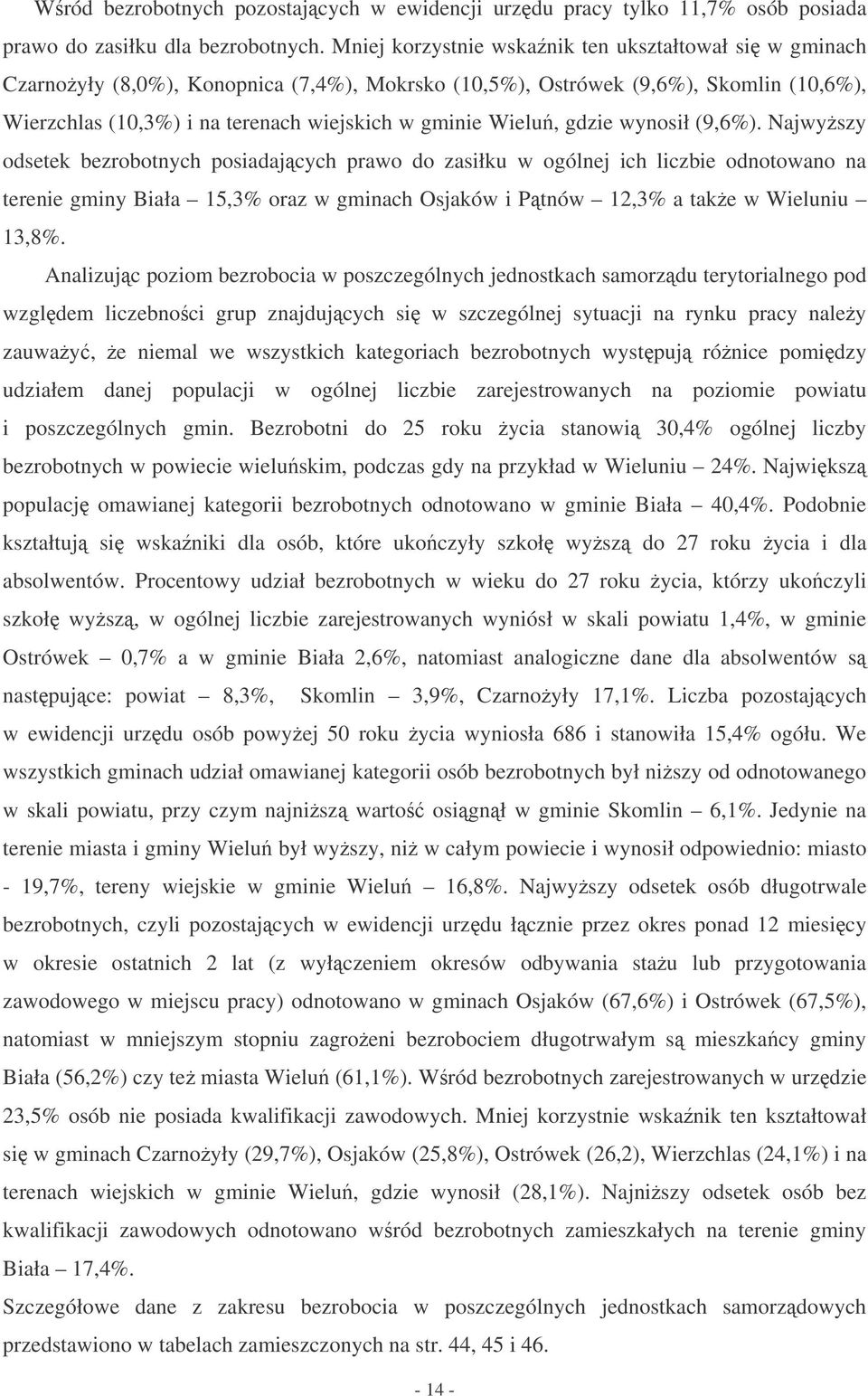 Njwyszy dsete ezrtnych psidjcych prw d zsiłu w gólnej ich liczie dntwn n terenie gminy Bił 15,3% rz w gminch Osjów i Ptnów 12,3% te w Wieluniu 13,8%.