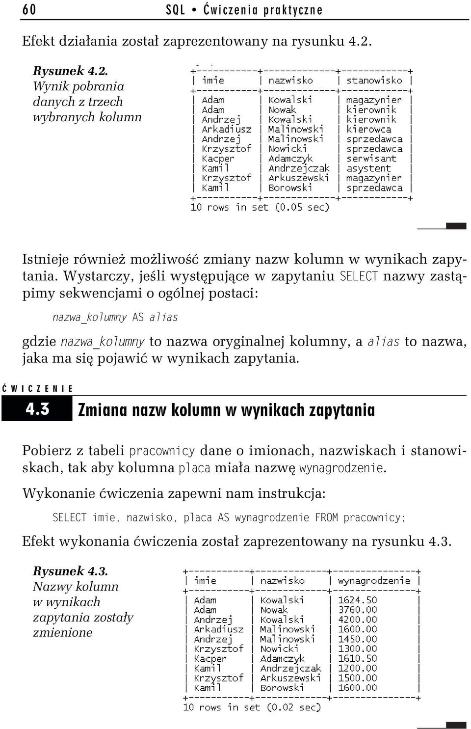 pojawić w wynikach zapytania. 4.3 Zmiana nazw kolumn w wynikach zapytania Pobierz z tabeli pracopraco dane o imionach, nazwiskach i stanowiskach, tak aby kolumna placa miała nazwę poragrodzerae.