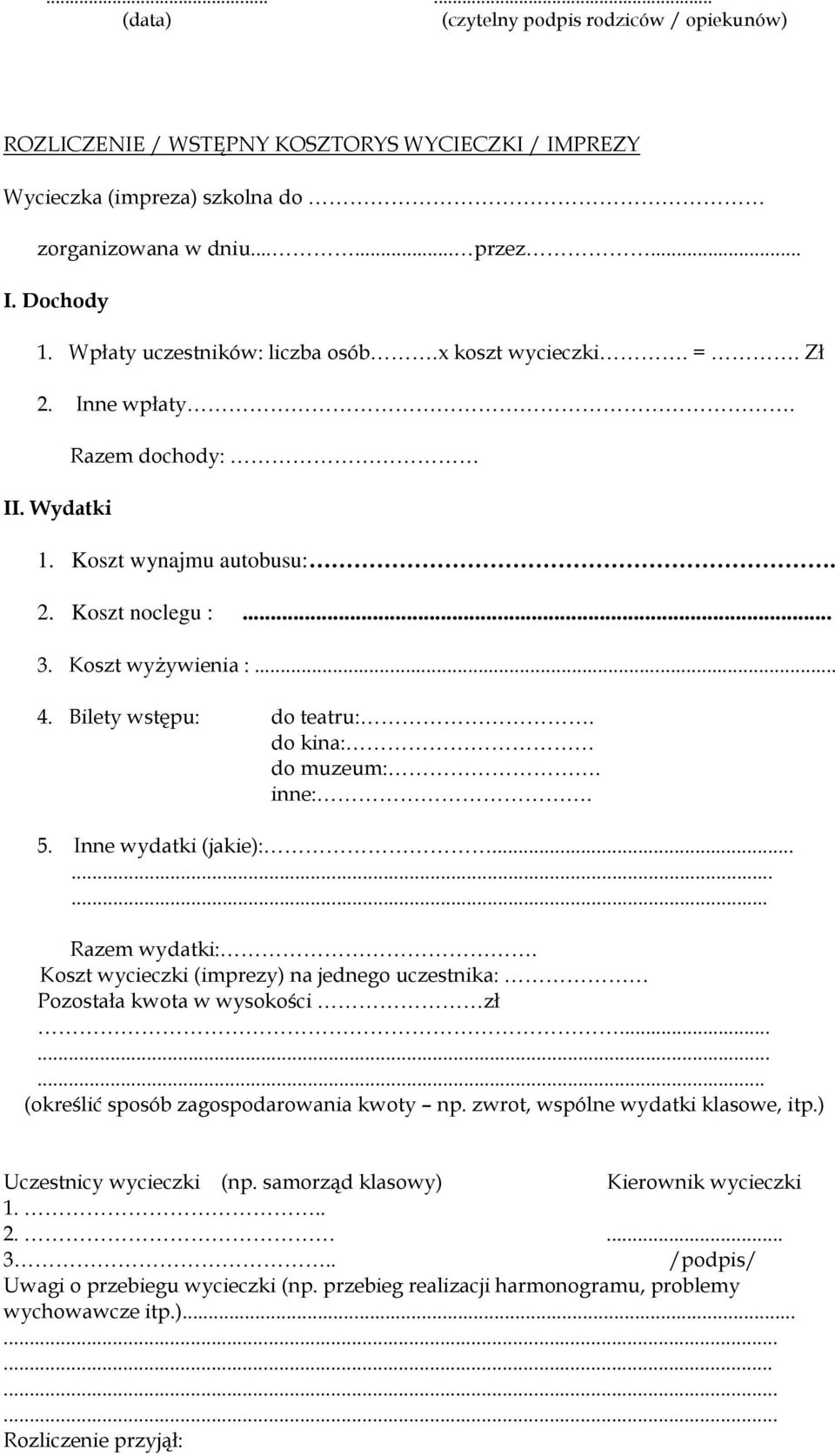 Bilety wstępu: do teatru:. do kina: do muzeum:. inne:. 5. Inne wydatki (jakie):......... Razem wydatki:. Koszt wycieczki (imprezy) na jednego uczestnika: Pozostała kwota w wysokości zł.