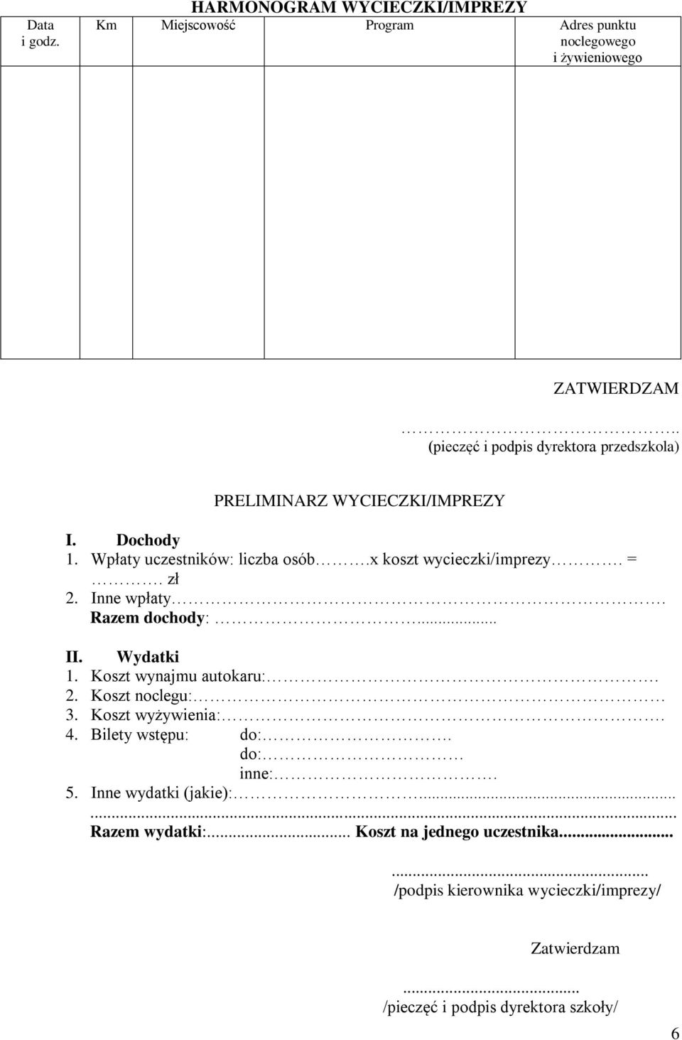 zł 2. Inne wpłaty. Razem dochody:... II. Wydatki 1. Koszt wynajmu autokaru:. 2. Koszt noclegu: 3. Koszt wyżywienia:. 4. Bilety wstępu: do:.