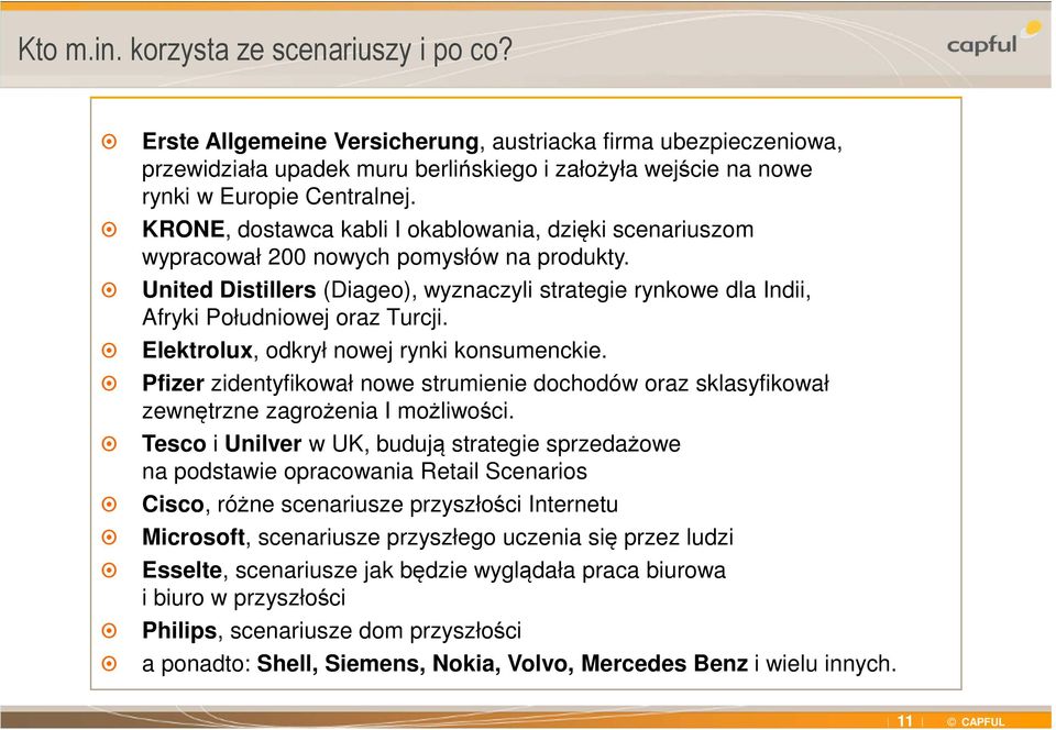 Elektrolux, odkrył nowej rynki konsumenckie. Pfizer zidentyfikował nowe strumienie dochodów oraz sklasyfikował zewnętrzne zagrożenia I możliwości.