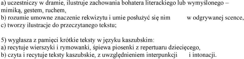 przeczytanego tekstu; 5) wygłasza z pamięci krótkie teksty w języku kaszubskim: a) recytuje wierszyki i