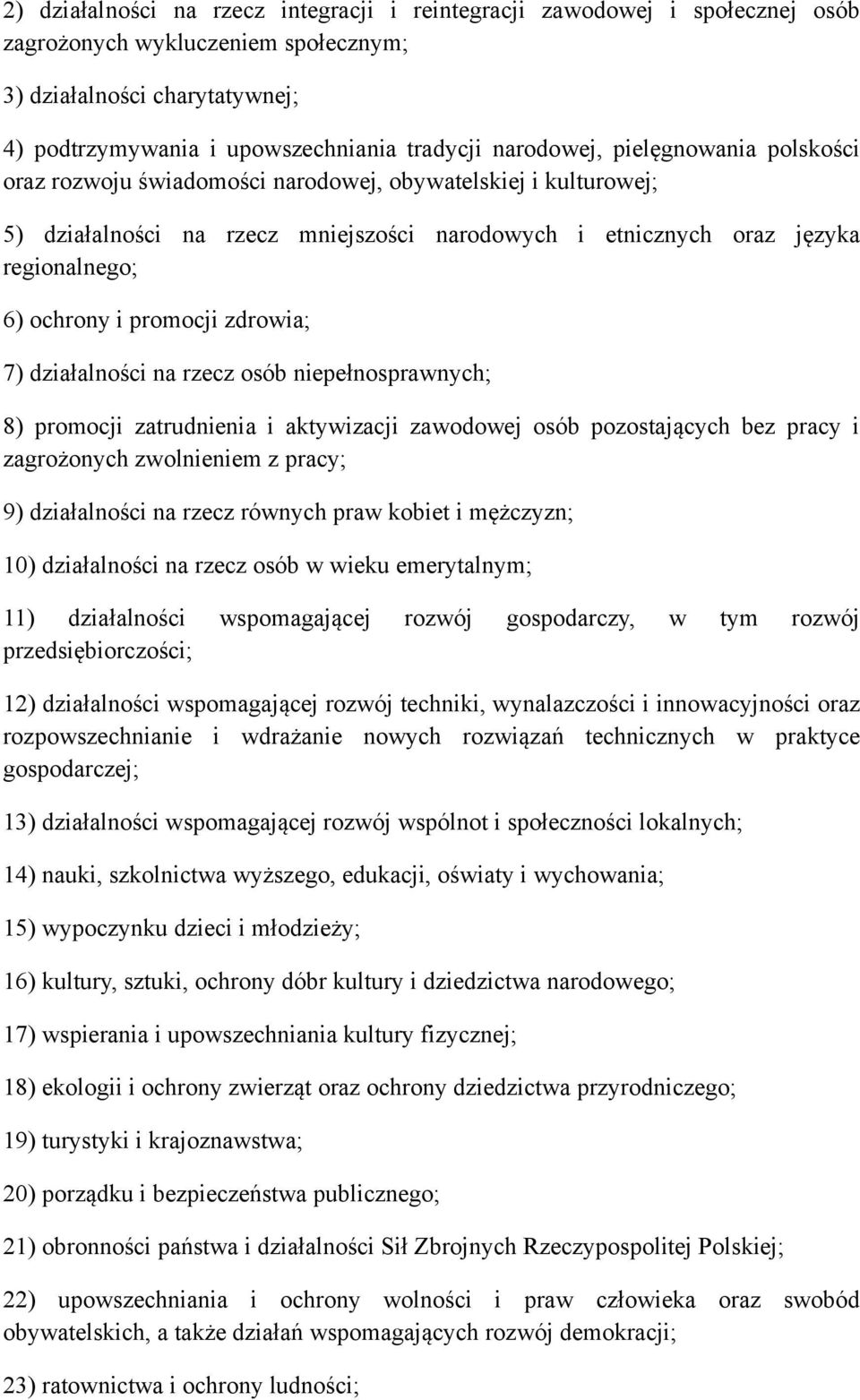 promocji zdrowia; 7) działalności na rzecz osób niepełnosprawnych; 8) promocji zatrudnienia i aktywizacji zawodowej osób pozostających bez pracy i zagrożonych zwolnieniem z pracy; 9) działalności na