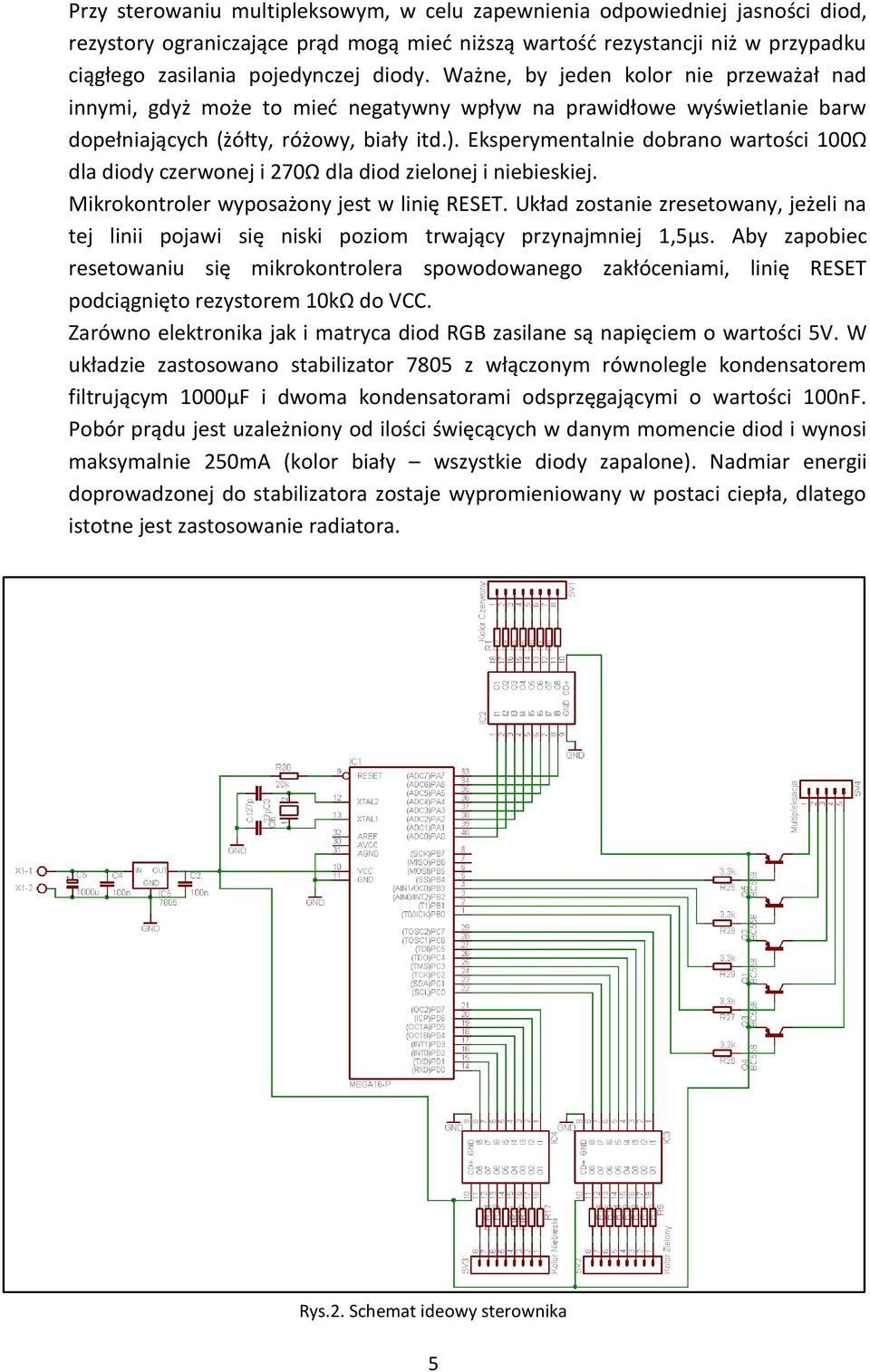 Eksperymentalnie dobrano wartości 100Ω dla diody czerwonej i 270Ω dla diod zielonej i niebieskiej. Mikrokontroler wyposażony jest w linię RESET.