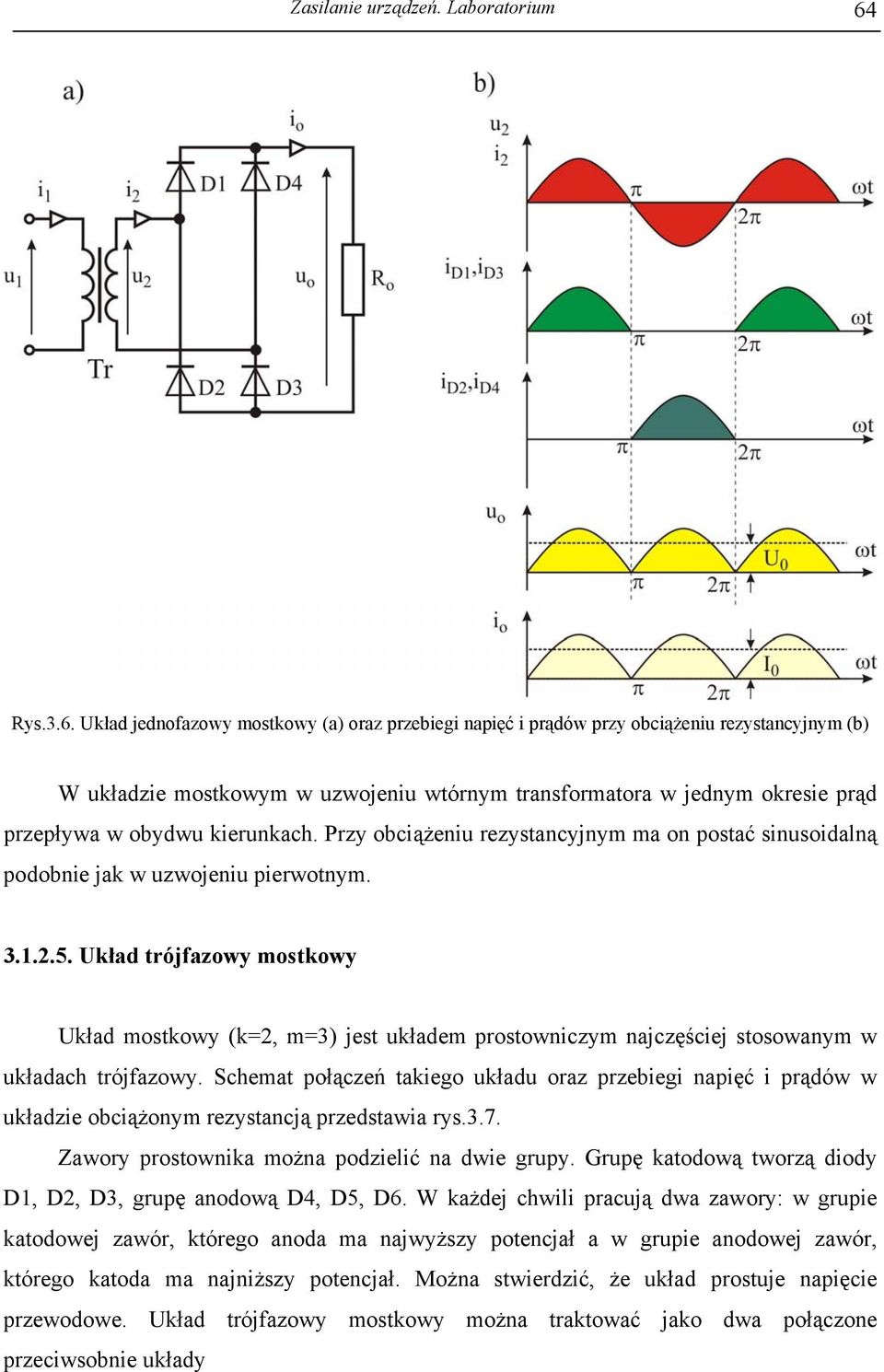 Układ jednofazowy mostkowy (a) oraz przebiegi napięć i prądów przy obciążeniu rezystancyjnym (b) W układzie mostkowym w uzwojeniu wtórnym transformatora w jednym okresie prąd przepływa w obydwu