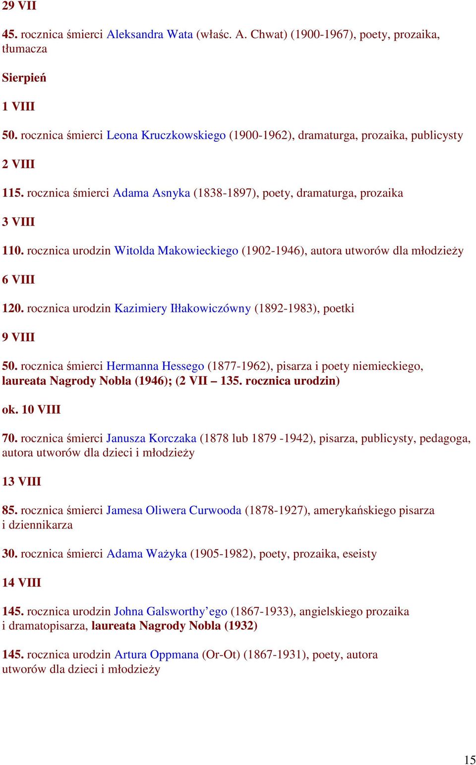 rocznica urodzin Witolda Makowieckiego (1902-1946), autora utworów dla młodzieży 6 VIII 120. rocznica urodzin Kazimiery Iłłakowiczówny (1892-1983), poetki 9 VIII 50.