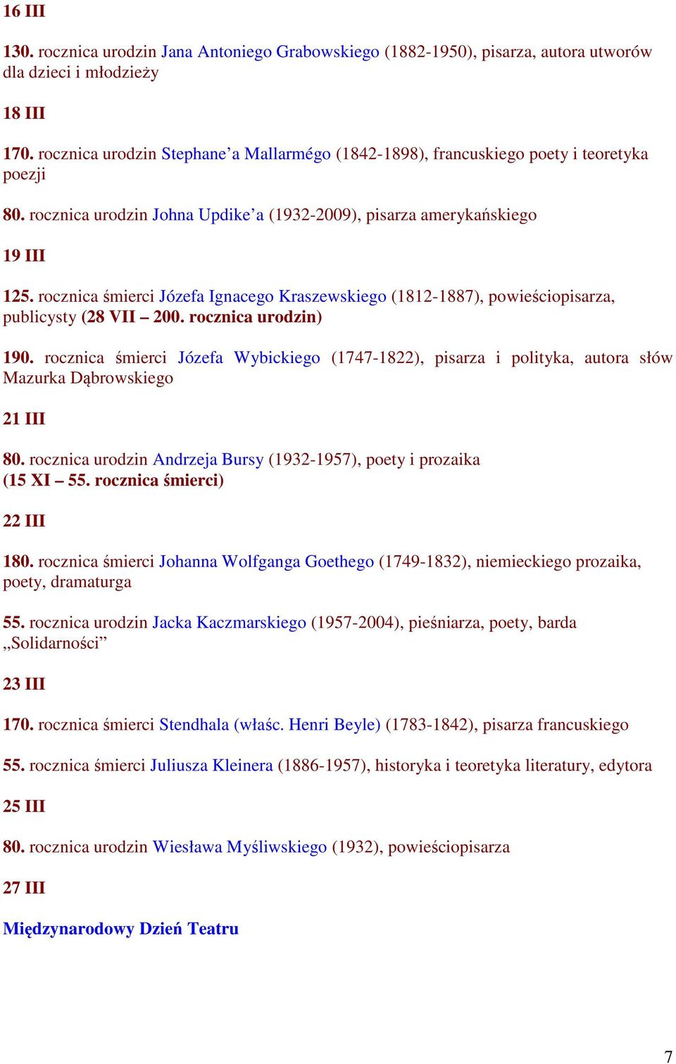 rocznica śmierci Józefa Ignacego Kraszewskiego (1812-1887), powieściopisarza, publicysty (28 VII 200. rocznica urodzin) 190.