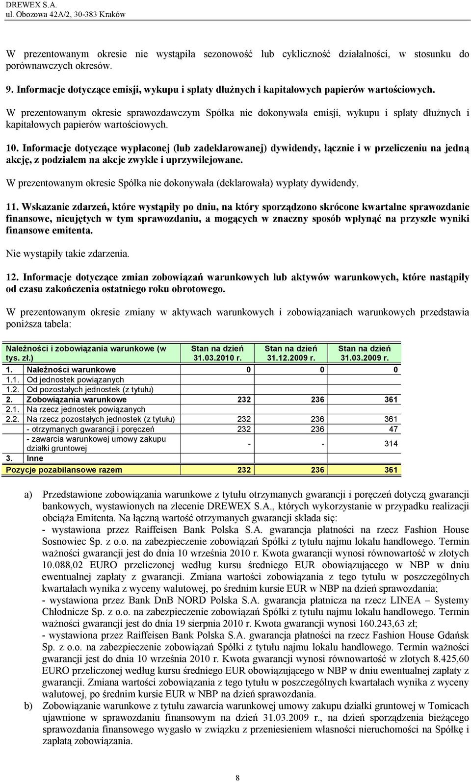 W prezentowanym okresie sprawozdawczym Spółka nie dokonywała emisji, wykupu i spłaty dłużnych i kapitałowych papierów wartościowych. 10.