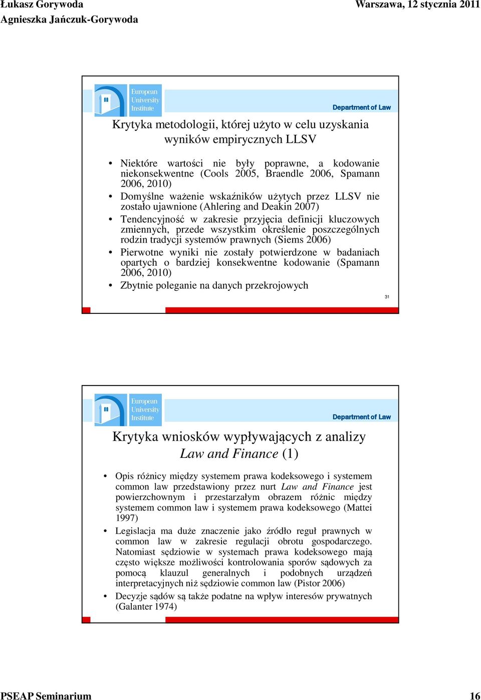 rodzin tradycji systemów prawnych (Siems 2006) Pierwotne wyniki nie zostały potwierdzone w badaniach opartych o bardziej konsekwentne kodowanie (Spamann 2006, 2010) Zbytnie poleganie na danych