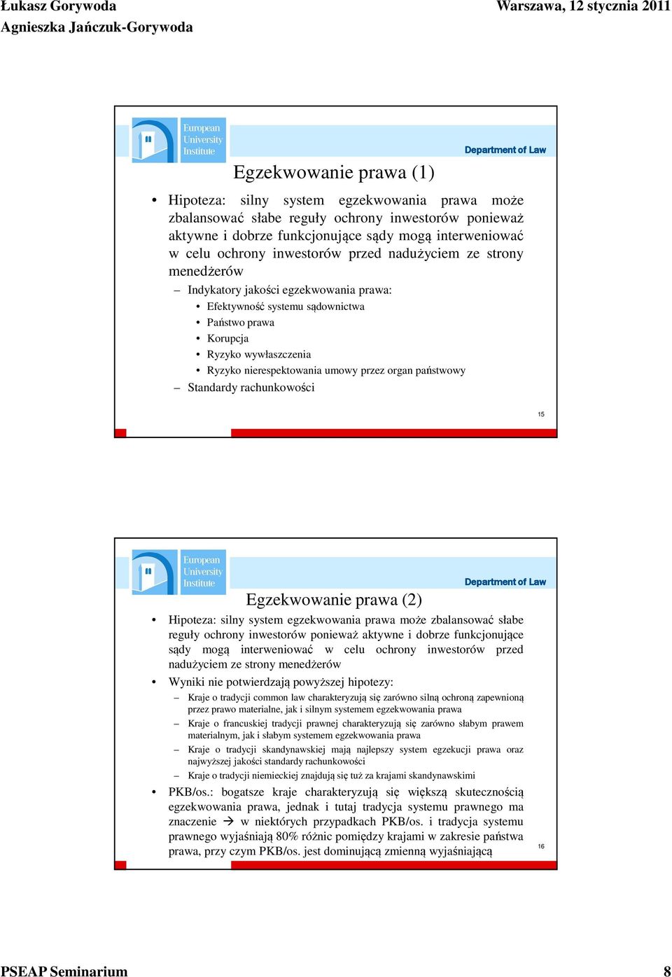 organ państwowy Standardy rachunkowości 15 Egzekwowanie prawa (2) Hipoteza: silny system egzekwowania prawa może zbalansować słabe reguły ochrony inwestorów ponieważ aktywne i dobrze funkcjonujące