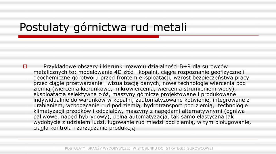 wiercenia strumieniem wody), eksploatacja selektywna złóż, maszyny górnicze projektowane i produkowane indywidualnie do warunków w kopalni, zautomatyzowane kotwienie, integrowane z urabianiem,