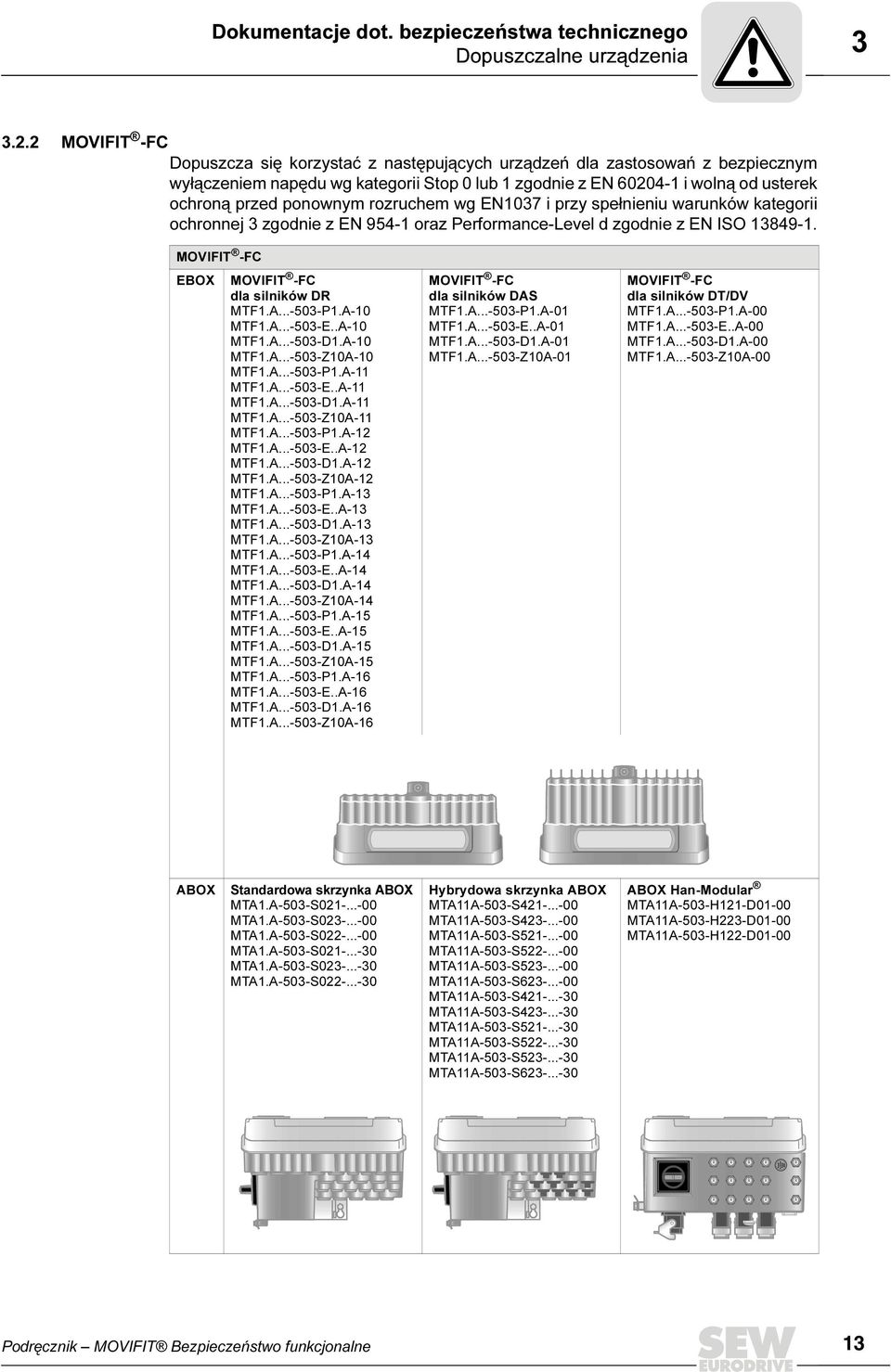 rozruchem wg EN1037 i przy spełnieniu warunków kategorii ochronnej 3 zgodnie z EN 954-1 oraz Performance-Level d zgodnie z EN ISO 13849-1. MOVIFIT -FC EBOX MOVIFIT -FC dla silników DR MTF1.A...-503-P1.