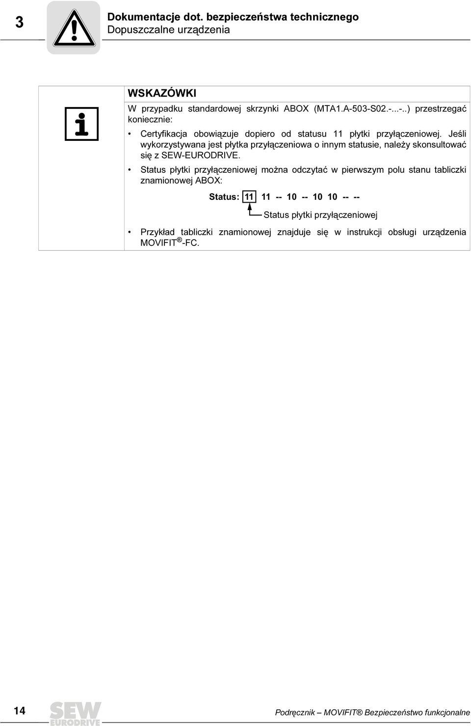 Jeśli wykorzystywana jest płytka przyłączeniowa o innym statusie, należy skonsultować się z SEW-EURODRIVE.
