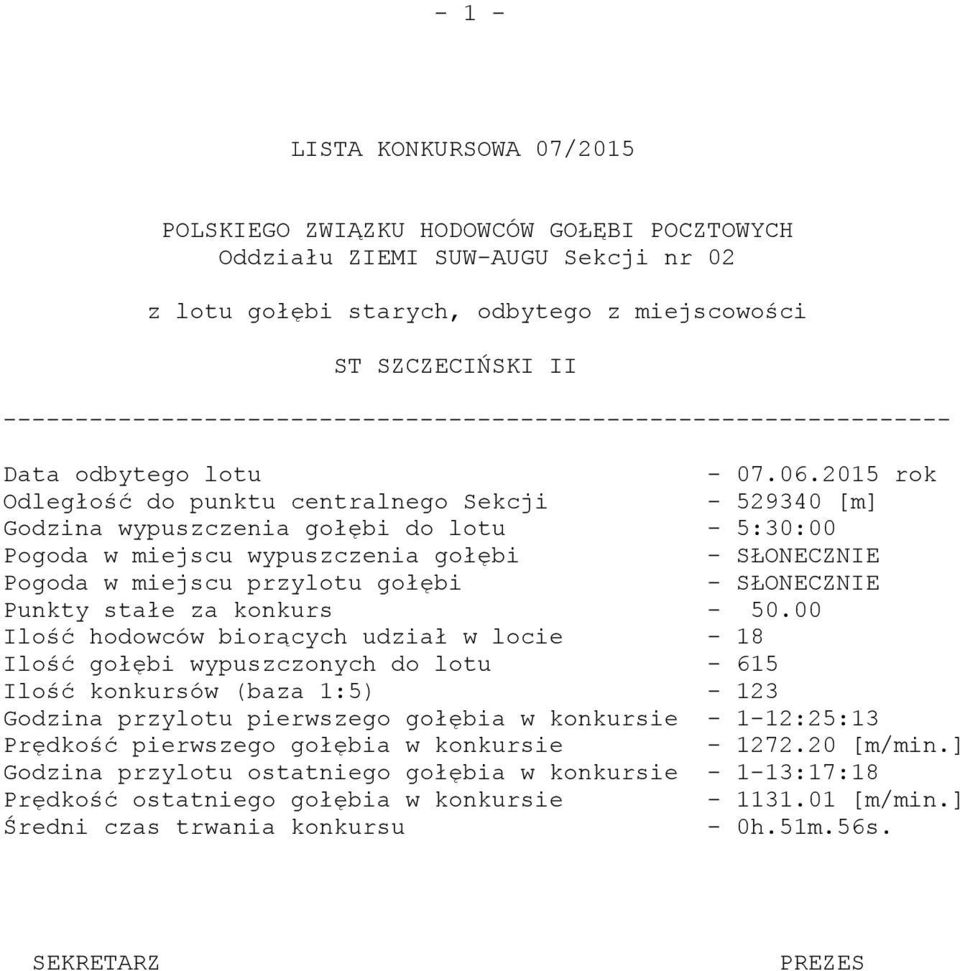 2015 rok Odległość do punktu centralnego Sekcji - 529340 [m] Godzina wypuszczenia gołębi do lotu - 5:30:00 Pogoda w miejscu wypuszczenia gołębi - SŁONECZNIE Pogoda w miejscu przylotu gołębi -