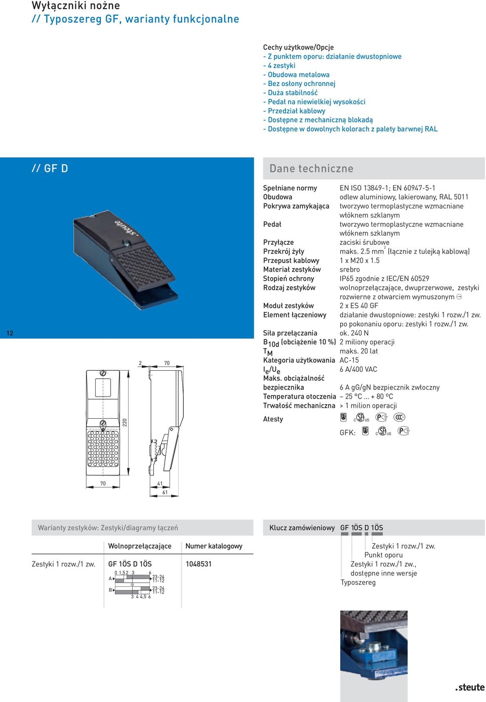 odlew aluminiowy, lakierowany, RAL 5011 Pokrywa zamykająca tworzywo termoplastyczne wzmacniane włóknem szklanym Pedał tworzywo termoplastyczne wzmacniane włóknem szklanym Przyłącze zaciski śrubowe