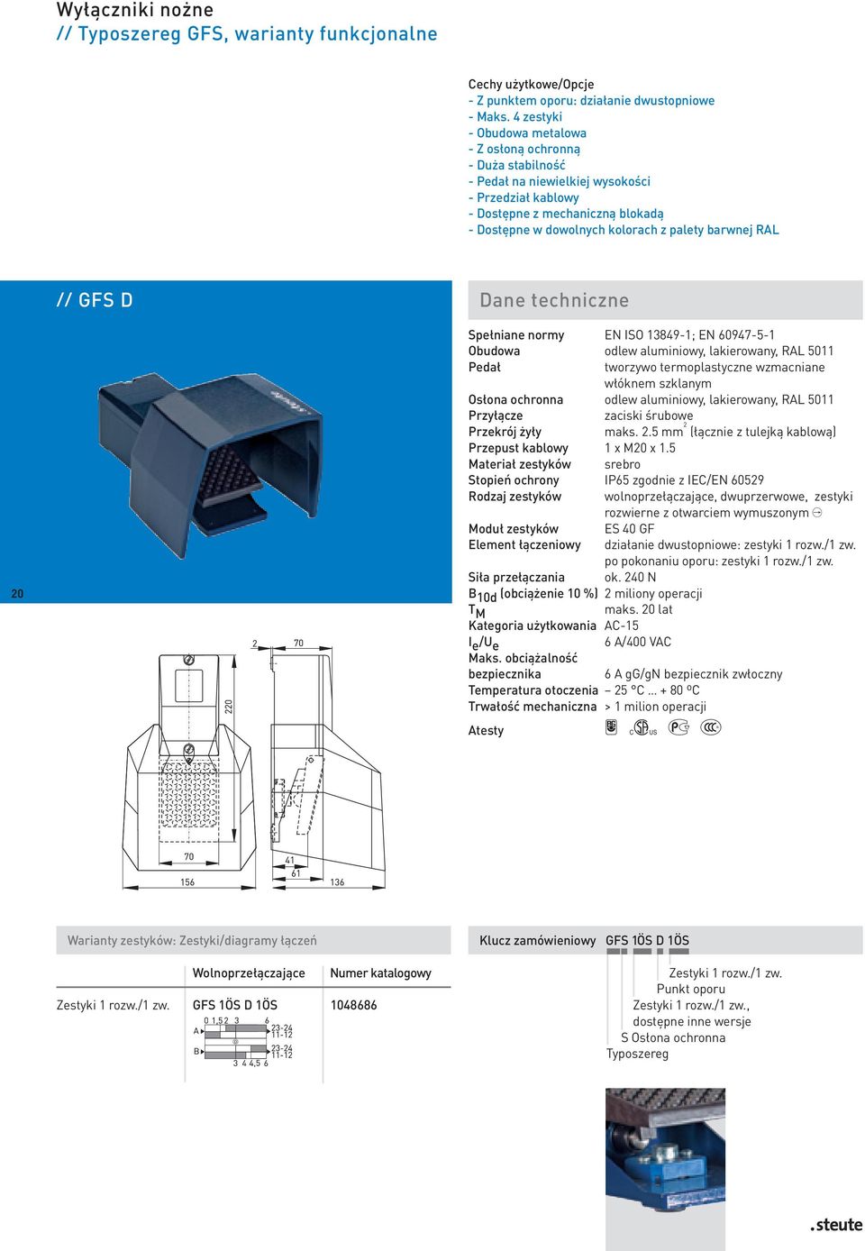 barwnej RAL // GFS D Dane techniczne 20 Spełniane normy EN ISO 13849-1; EN 60947-5-1 Obudowa odlew aluminiowy, lakierowany, RAL 5011 Pedał tworzywo termoplastyczne wzmacniane włóknem szklanym Osłona