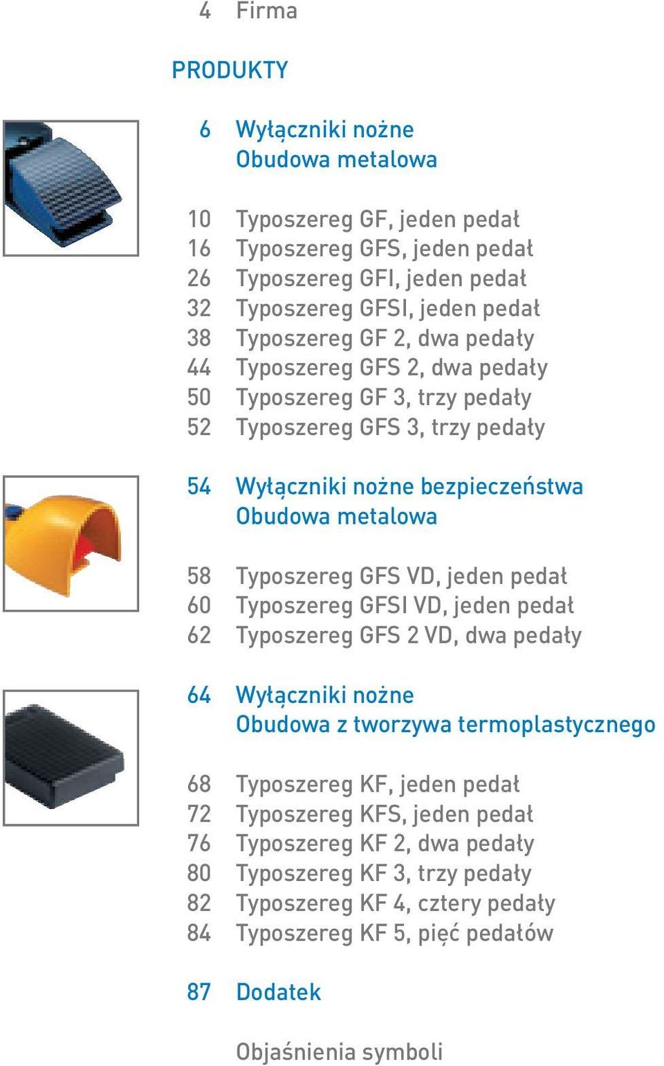 Typoszereg GFS VD, jeden pedał 60 Typoszereg GFSI VD, jeden pedał 62 Typoszereg GFS 2 VD, dwa pedały 64 Wyłączniki nożne Obudowa z tworzywa termoplastycznego 68 Typoszereg KF, jeden