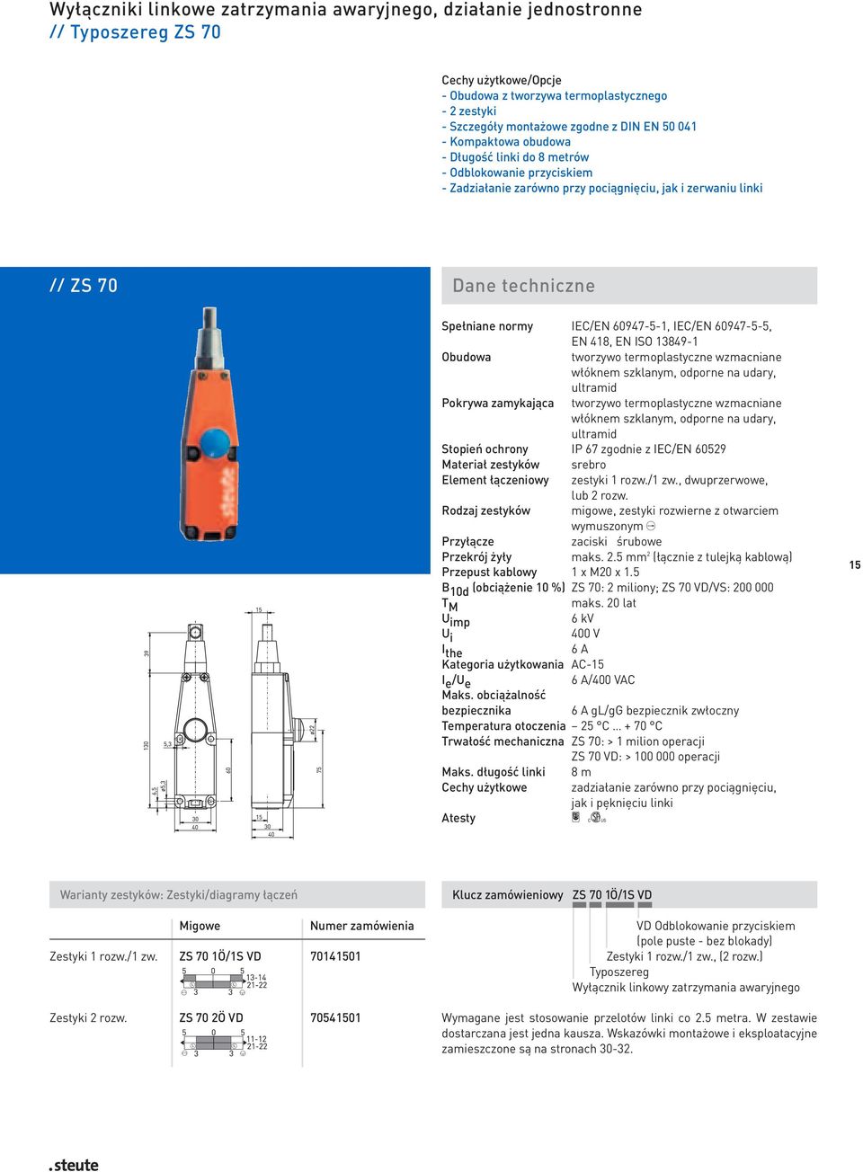 60947-5-1, IEC/EN 60947-5-5, EN 418, EN ISO 13849-1 Obudowa tworzywo termoplastyczne wzmacniane włóknem szklanym, odporne na udary, ultramid Pokrywa zamykająca tworzywo termoplastyczne wzmacniane