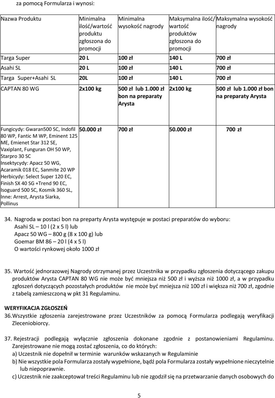 000 zł bon na preparaty Arysta 2x100 kg 500 zł lub 1.000 zł bon na preparaty Arysta Fungicydy: Gwaran500 SC, Indofil 50.000 zł 700 zł 50.