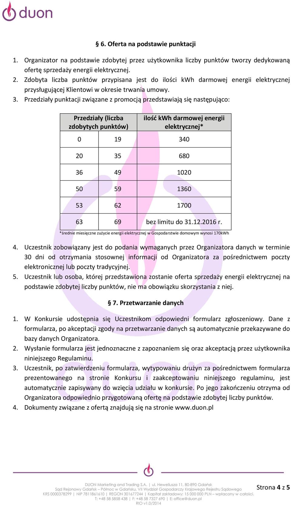 Przedziały punktacji związane z promocją przedstawiają się następująco: Przedziały (liczba zdobytych punktów) ilość kwh darmowej energii elektrycznej* 0 19 340 20 35 680 36 49 1020 50 59 1360 53 62