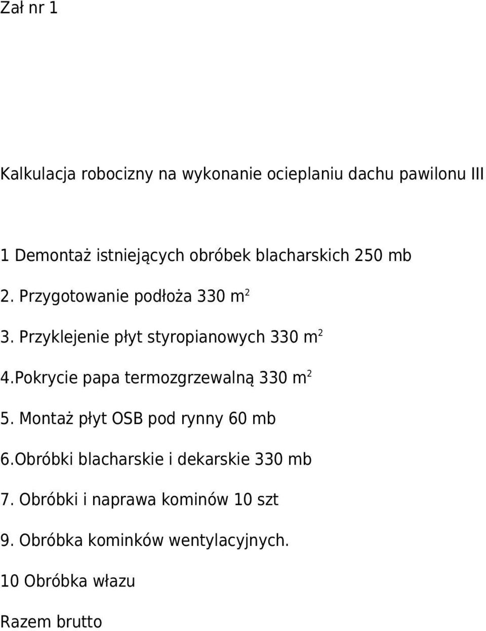 Pokrycie papa termozgrzewalną 330 m 2 5. Montaż płyt OSB pod rynny 60 mb 6.