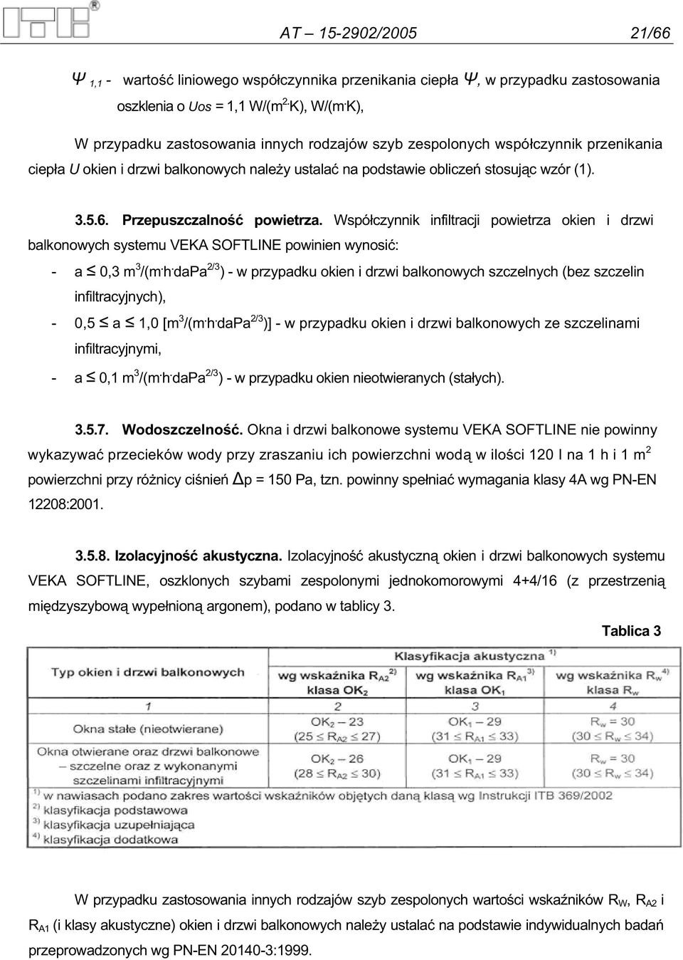 Przepuszczalno powietrza. Wspó czynnik infiltracji powietrza okien i drzwi balkonowych systemu VEKA SOFTLINE powinien wynosi : - a 0,3 m 3 /(m. h.