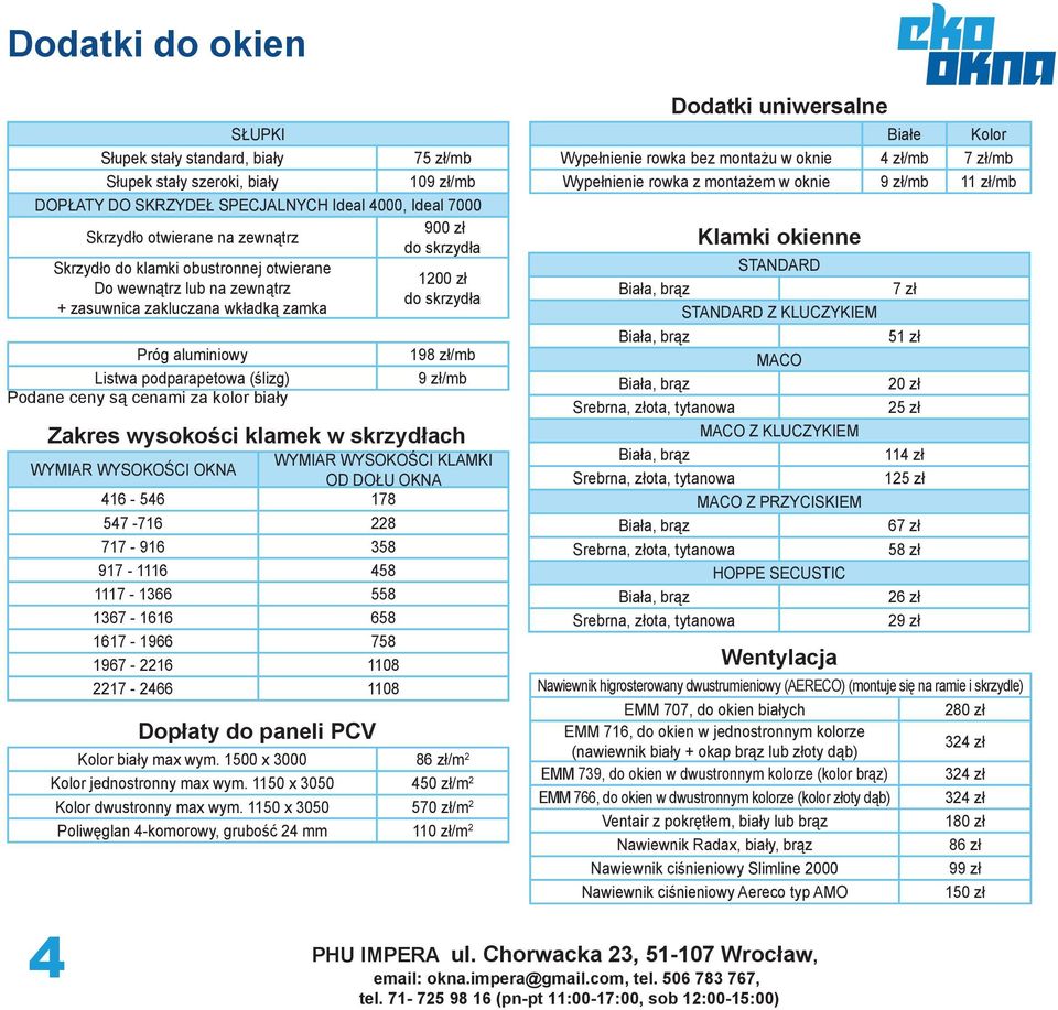 skrzydła 1200 zł do skrzydła 198 zł/mb 9 zł/mb Zakres wysokości klamek w skrzydłach WYMIAR WYSOKOŚCI OKNA WYMIAR WYSOKOŚCI KLAMKI OD DOŁU OKNA 416-546 178 547-716 228 717-916 358 917-1116 458