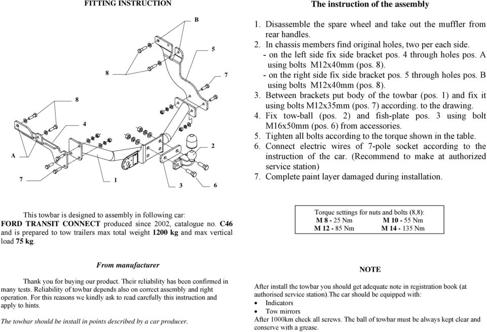 Between brackets put body of the towbar (pos. 1) and fix it using bolts M12x35mm (pos. ) according. to the drawing. 4. Fix tow-ball (pos. 2) and fish-plate pos. 3 using bolt M16x50mm (pos.