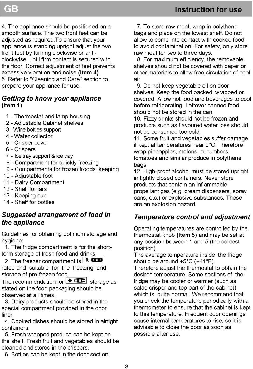 Correct adjustment of feet prevents excessive vibration and noise (Item 4). 5. Refer to "Cleaning and Care" section to prepare your appliance for use.