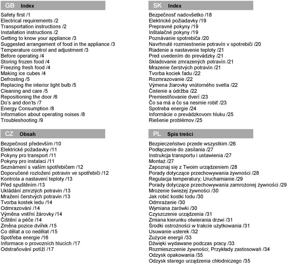 Repositioning the door /6 Do s and don ts /7 Energy Consumption /8 Information about operating noises /8 Troubleshooting /9 CZ Obsah Bezpečnost především /10 Elektrické požadavky /11 Pokyny pro